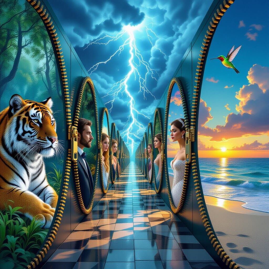 Depict a real view of a hallway of zippers opening up inside of each other with different images representing each different zipper the firs...