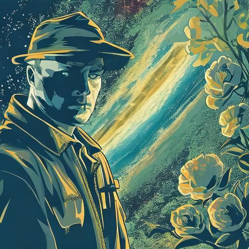 <lora:Film Noir 2D SD15:1.0>
An astronaut lying in a garden of flowers. The universe is reflected in the visor. Film noir, vector art