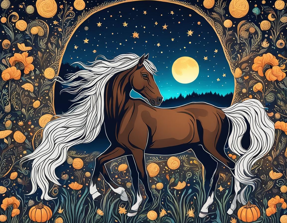 Horse Under Moonlit Sky as Impressionist Painting