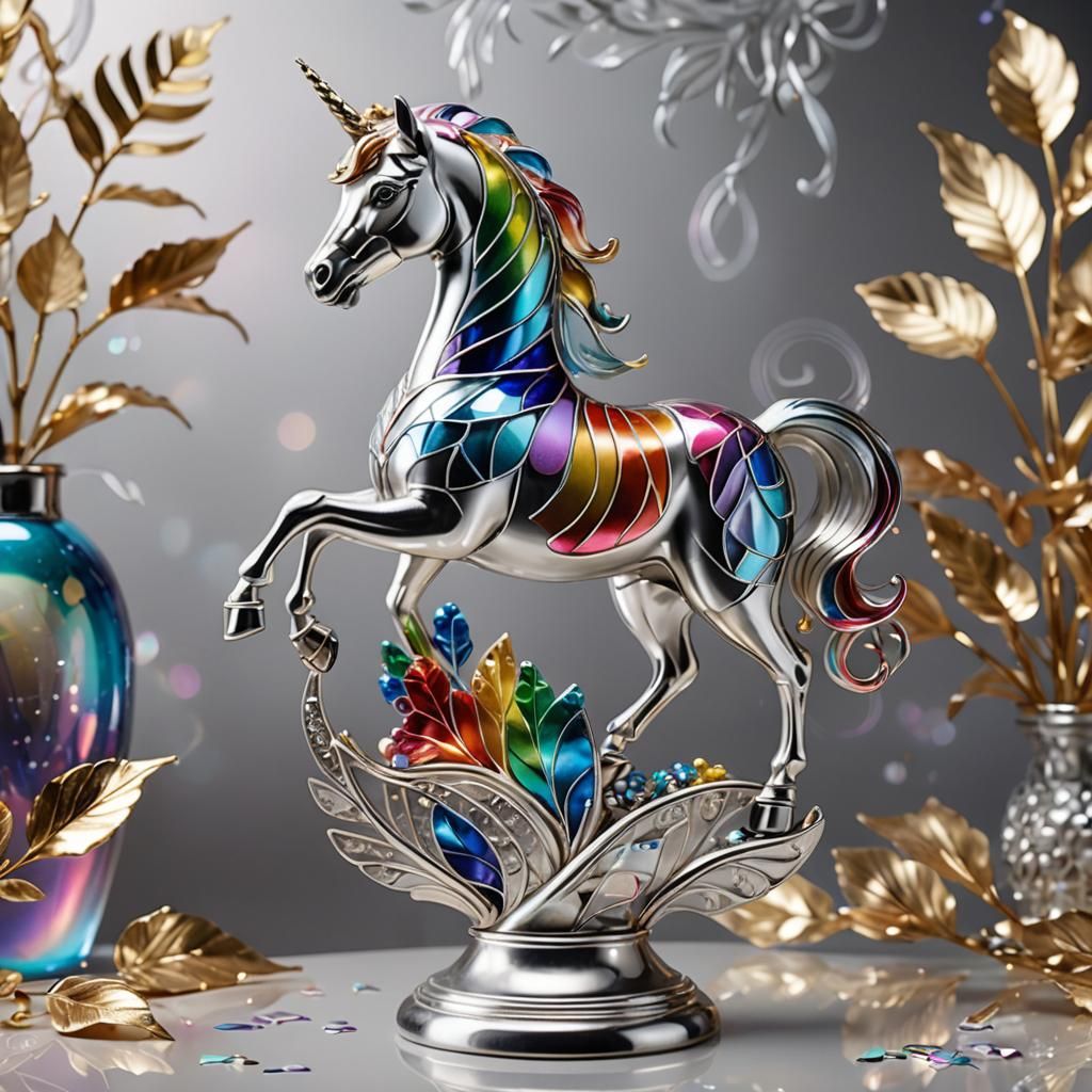 A delicate glass unicorn figurine with swirling rainbow enamel. The mane and tail shimmer in the sunlight. ...  by @ZoinMihailo