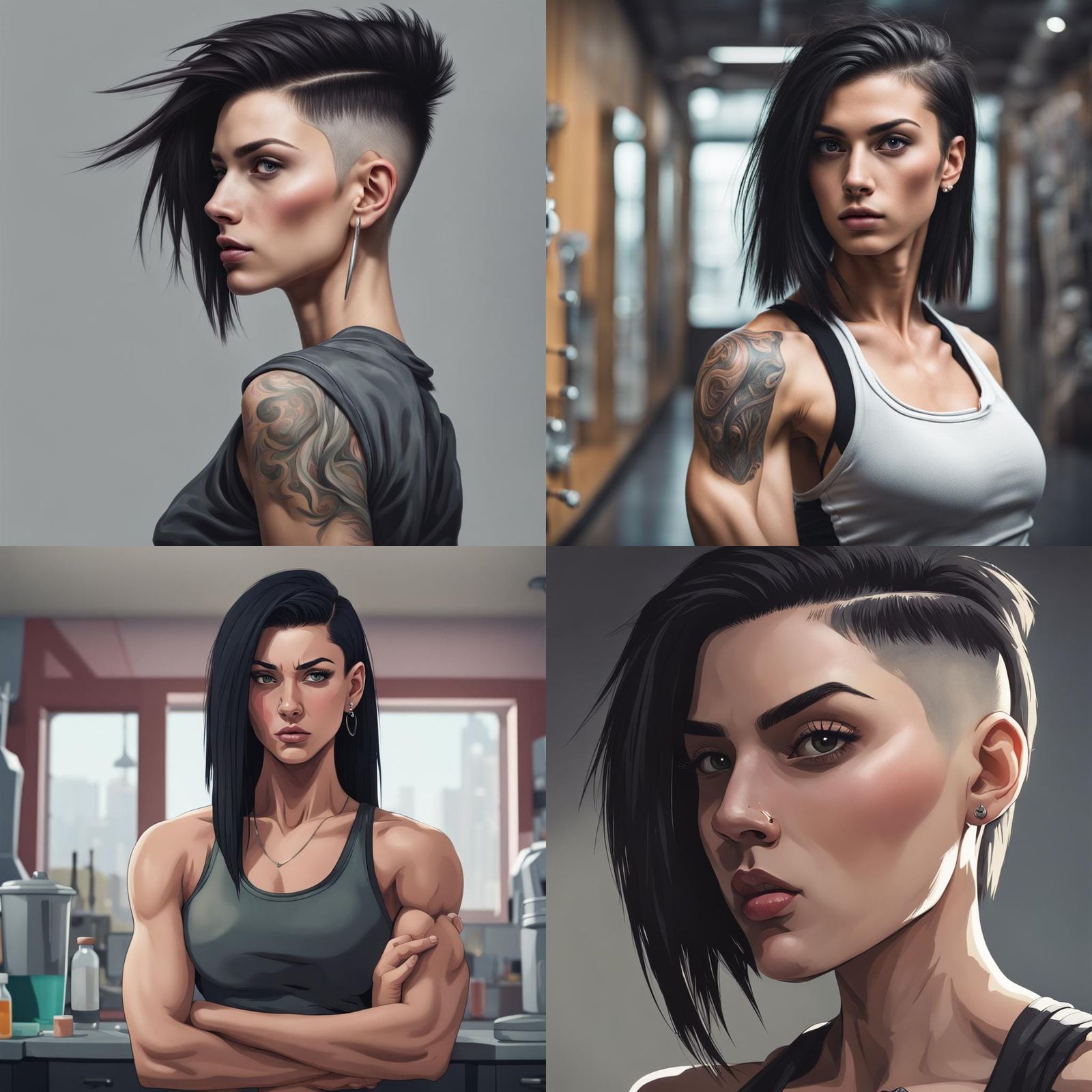 girl with undercut hairstyle, dark hair and muscles and long nose is high on drug