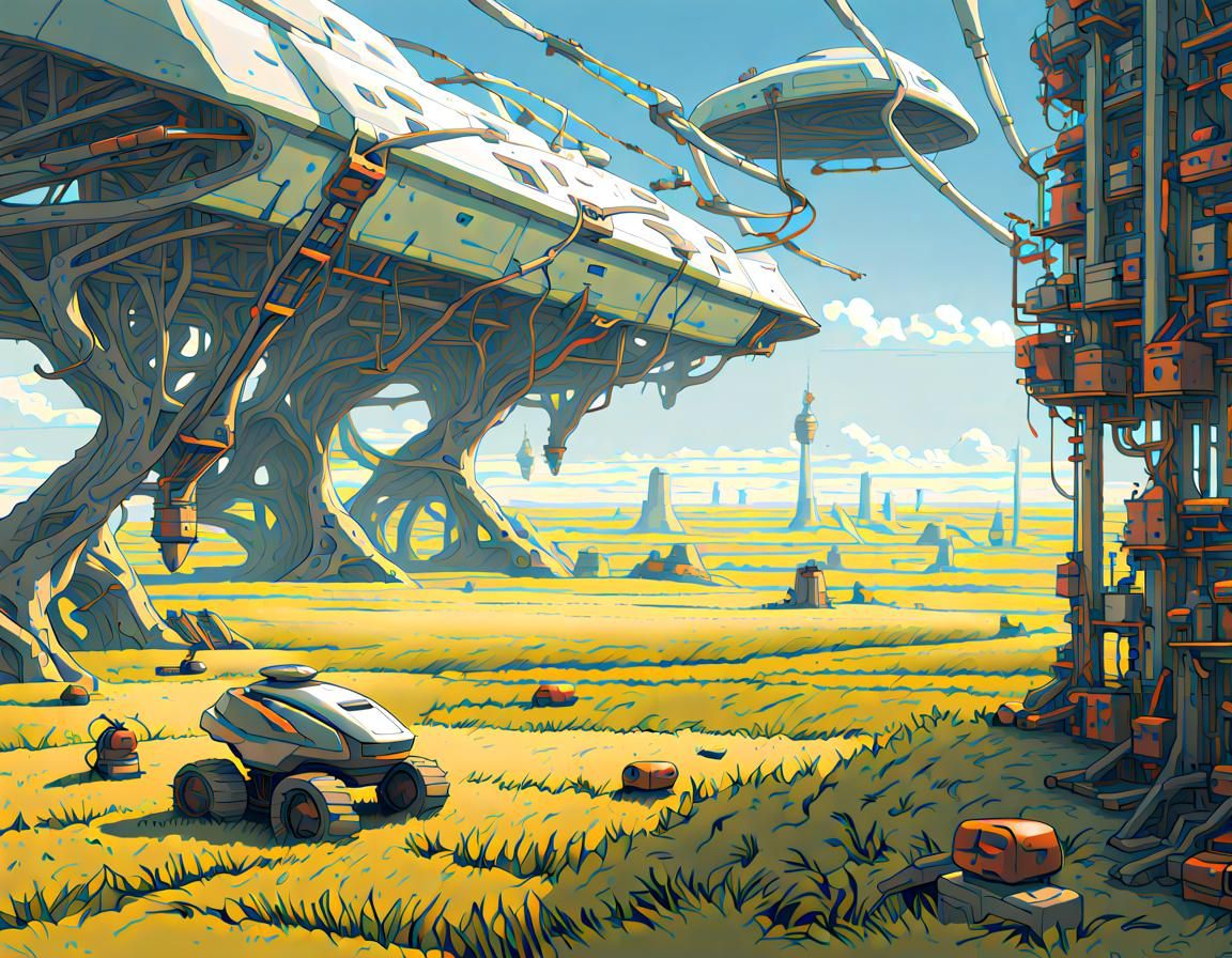 habitat of the futur countryside, farm,  sci-fy hovering robotsmachinery,  vibrant aesthetic emptiness ...  by @Eric Lacomblez