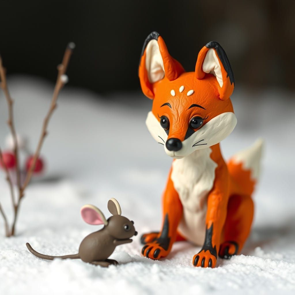 Whimsical Claymation Scene of Fox Watching Snowy Mouse