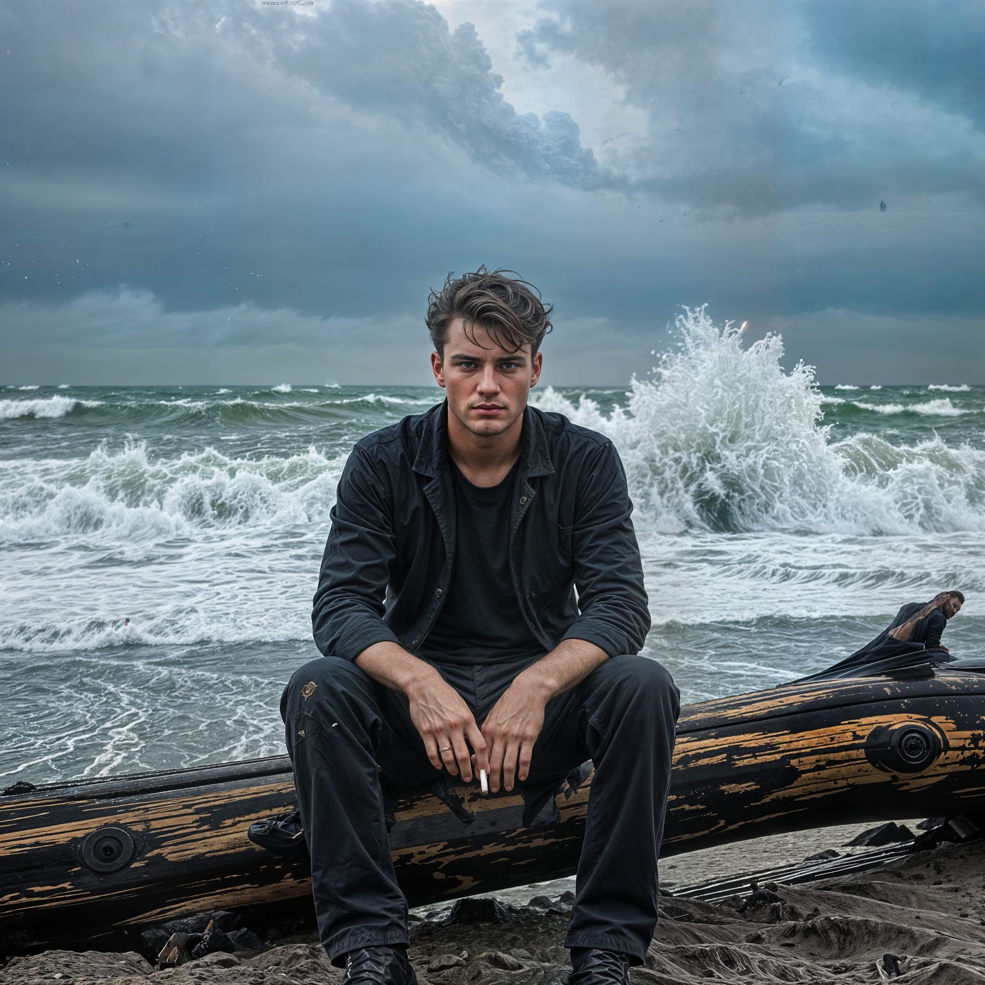 A beardless young man in a stormy beach landscape sits and watches with a cigarette in his hand