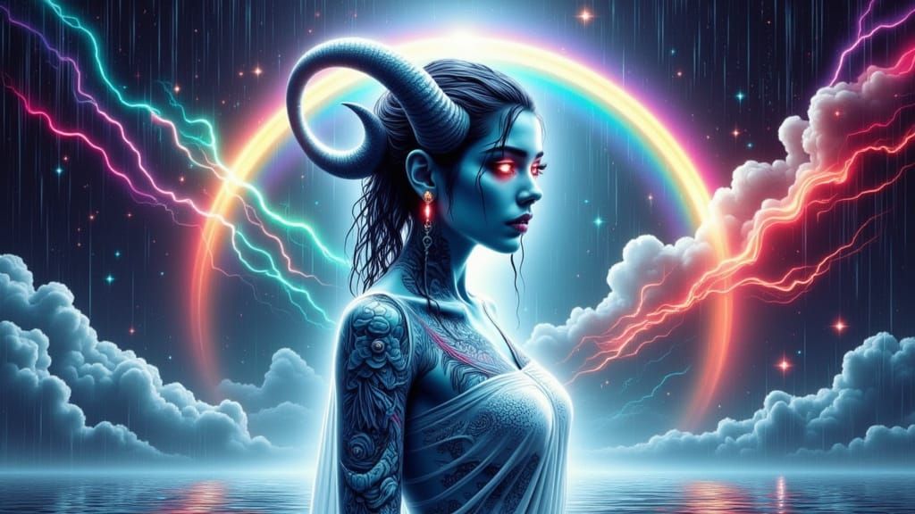 Mystical Blue Figure Dissolving into Cosmic Night Sky