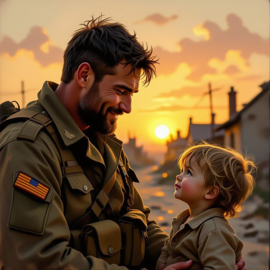 War-Weary Soldier Smiles Gently at Child in Sunset