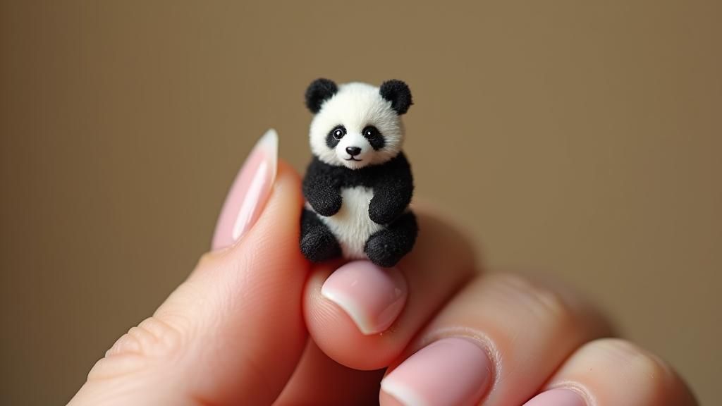  A miniature panda bear in the palm of a woman's hand