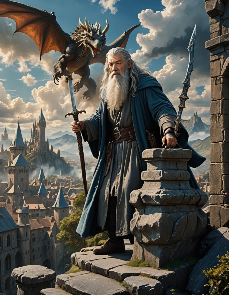 Gandalf standing with a Dragon Flying above the city