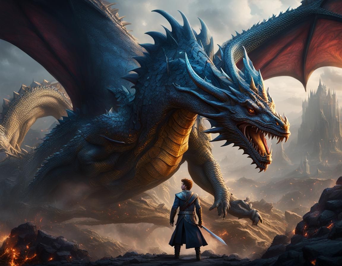 Prince being grabbed by a dragon. detailed matte painting, d...