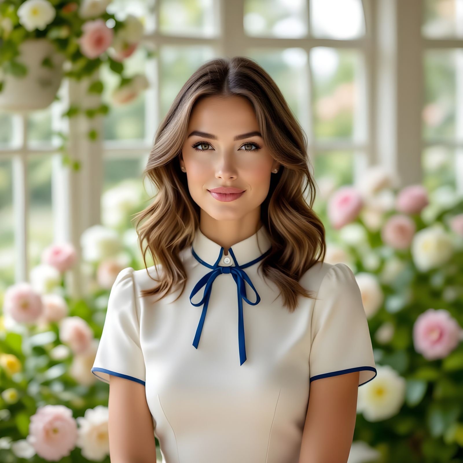 Woman in Conservatory with Cascading Flowers