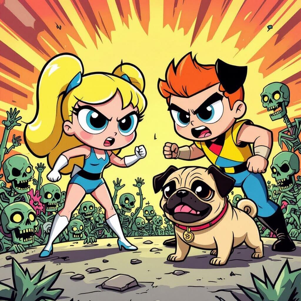 Blonde Bubbles from the powerpuff girls next to the boy character bam bam from the flintstones, with a pug, by both of their sides, fighting...