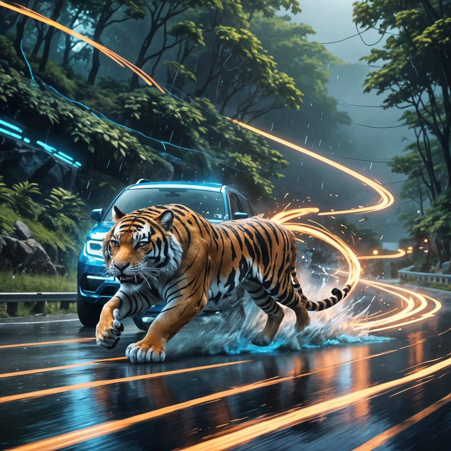 Blue Car and Tiger in Anime Style