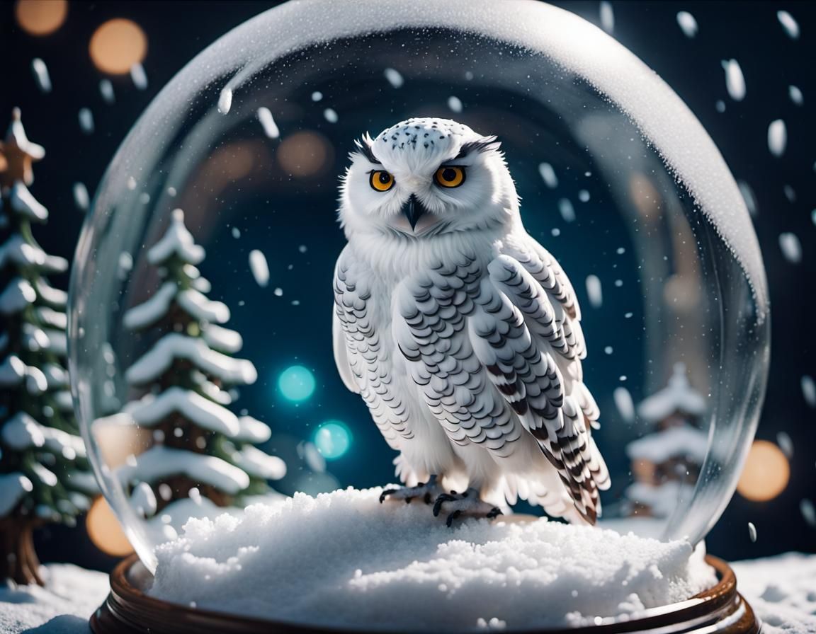 a snowy owl standing on top of a large snow globe the has a ...
