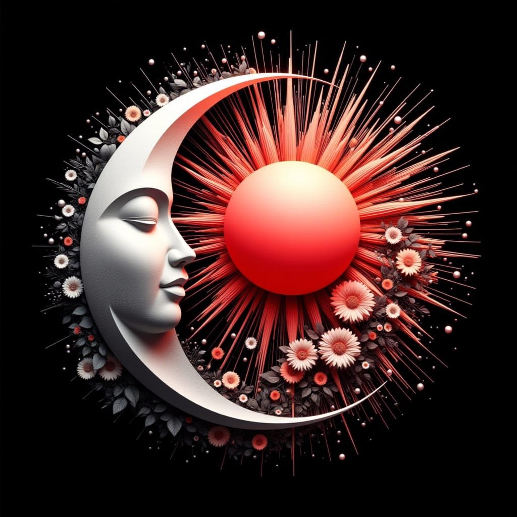<lora:Mrs H-Crescent Moons:1.0> Create a beautiful silver detailed crescent Moon with a gentle face with a stunning vibrant red sun, joined ...