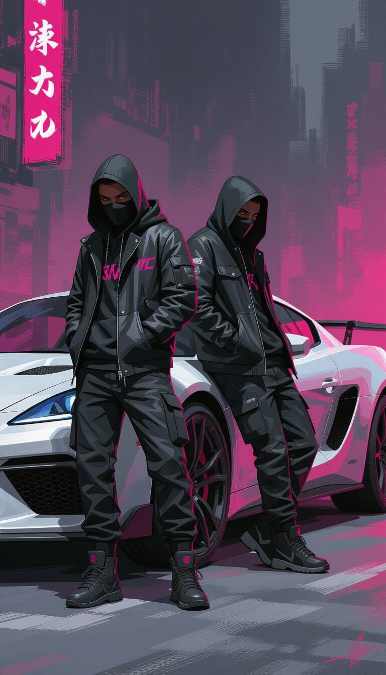 Edgy Criminal Duo in Streetwear, Digital Brush Art