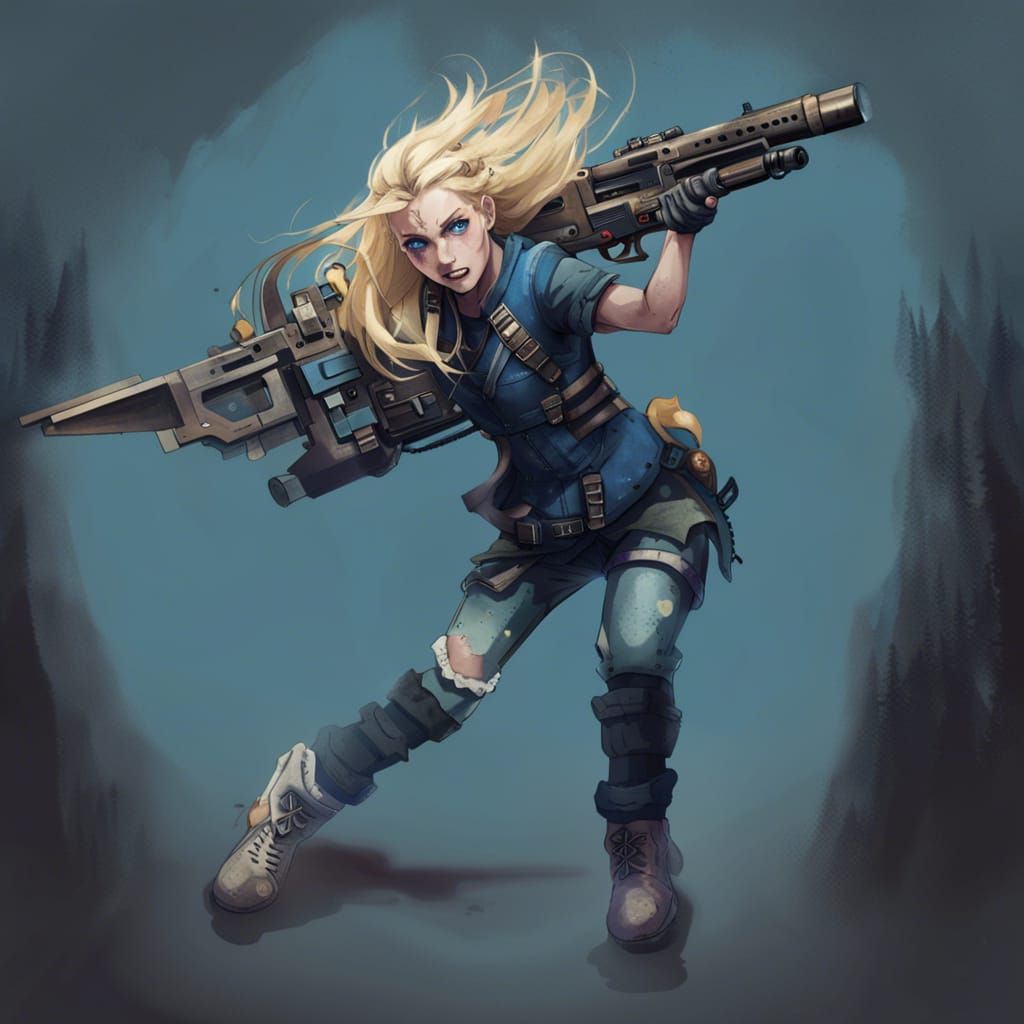 German Woman, Blond Hair, Blue eyes, Apokalypse, Weapon, dan...
