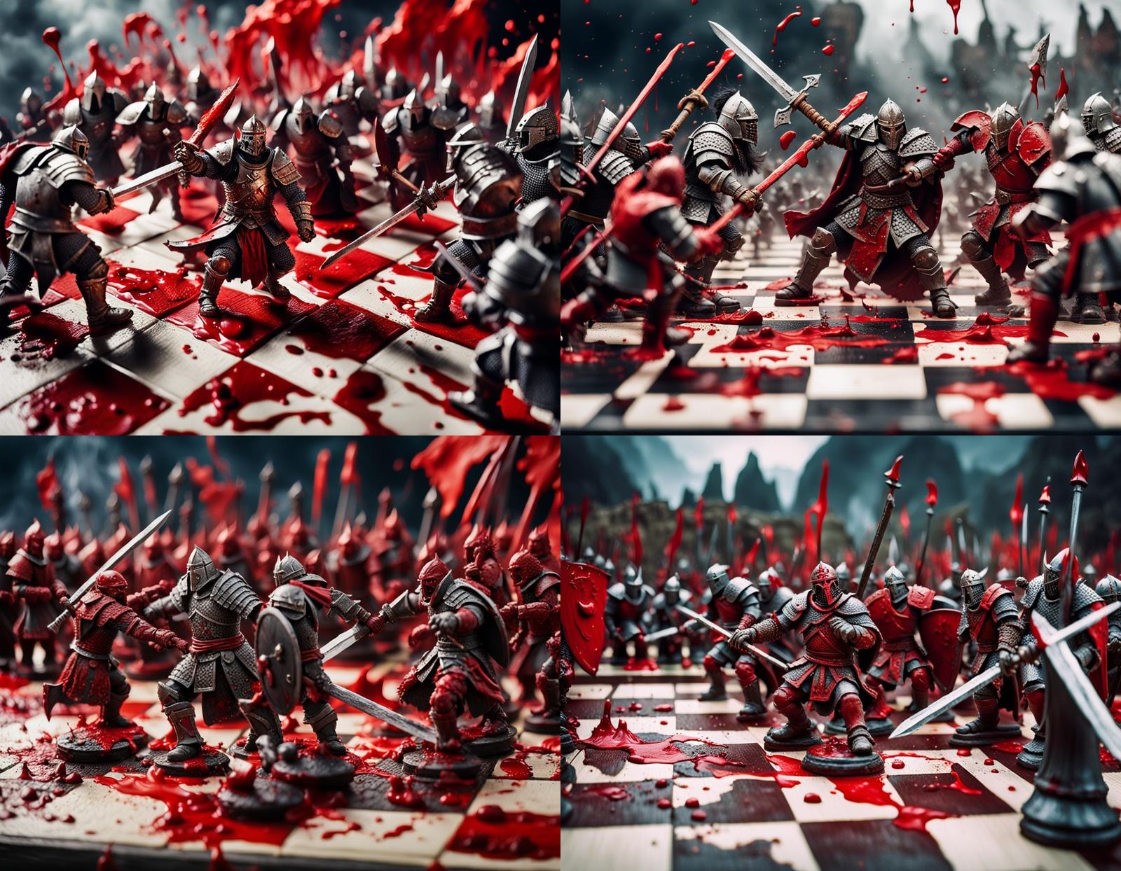Close-up of the battle between fantasy knights and orcs, on a chess board with swords clashing on an ancient battlefield...