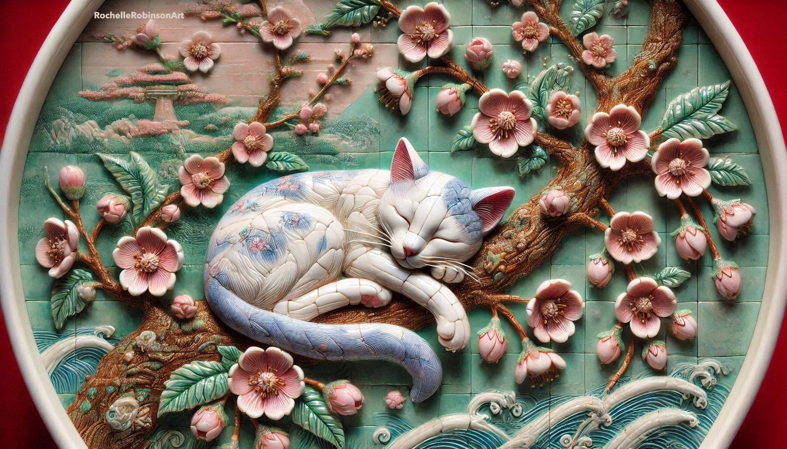 Cat and Cherry Blossoms - Porcelain Art
