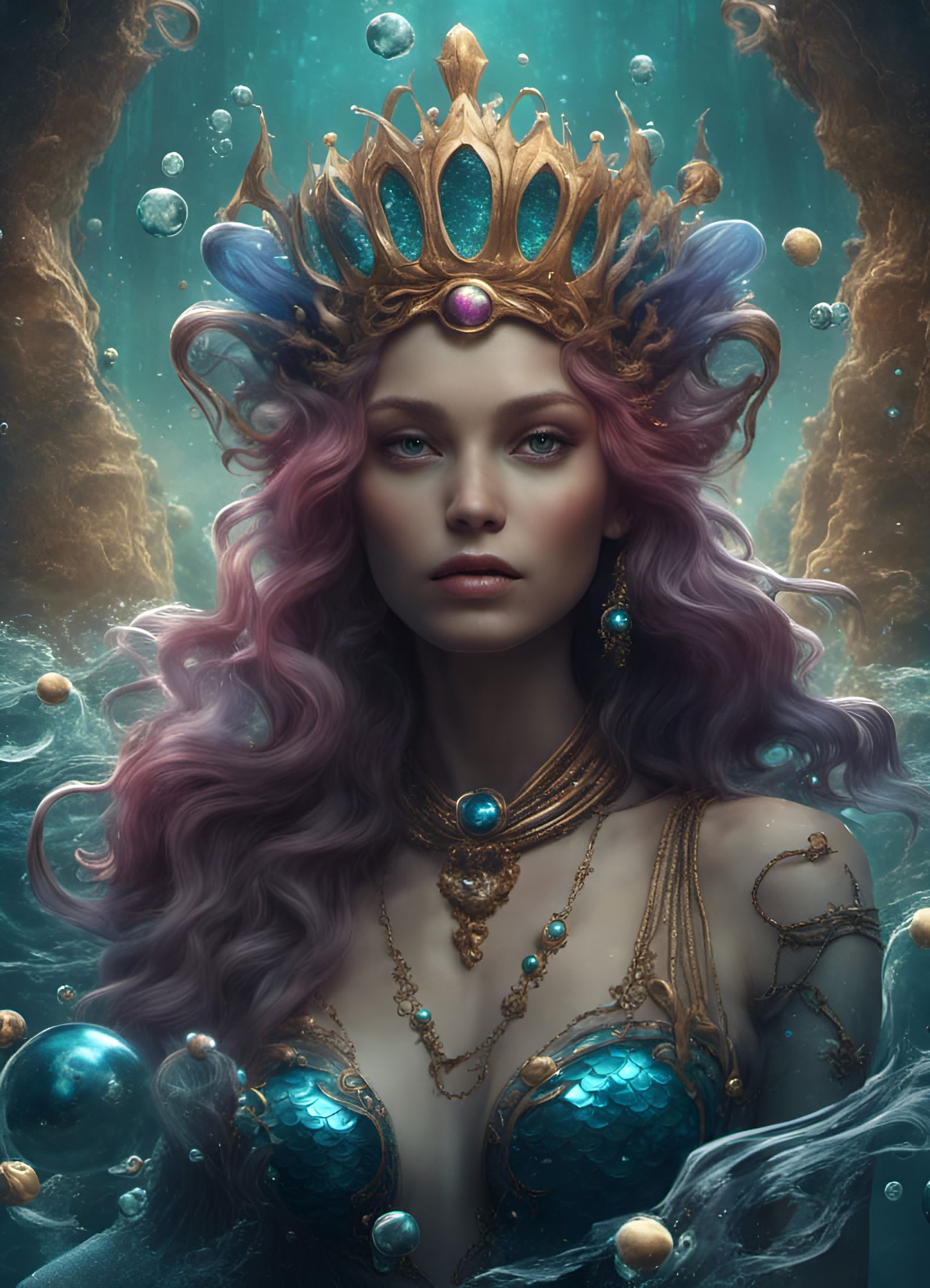 Mysterious Mermaid with Water Crown, Detailed Painting