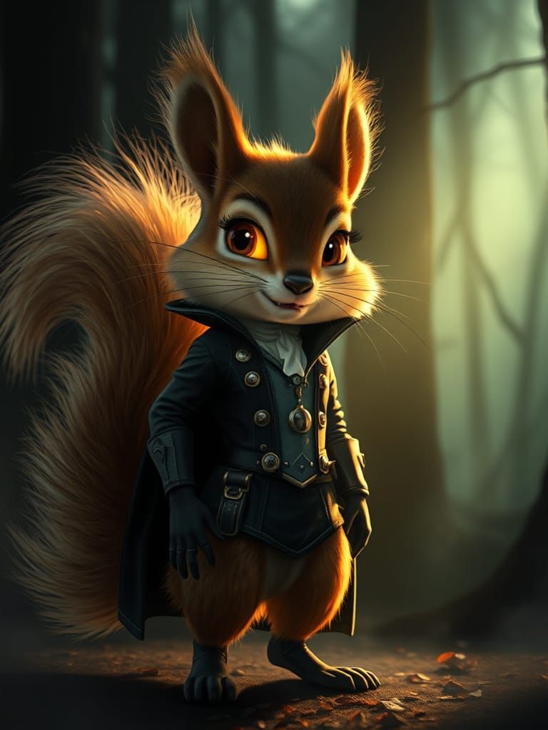 Steampunk Squirrel Superhero in Eerie Forest