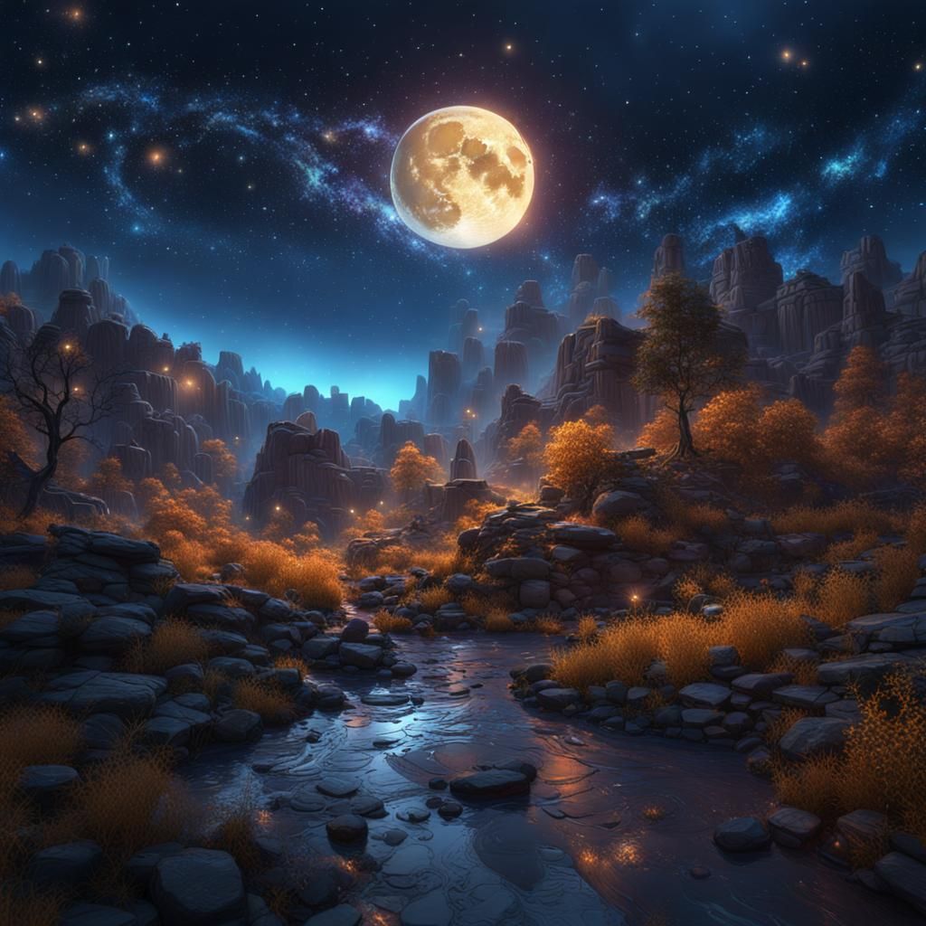 A starry moonlit sky, lots of stars, very beautiful, drip ar...
