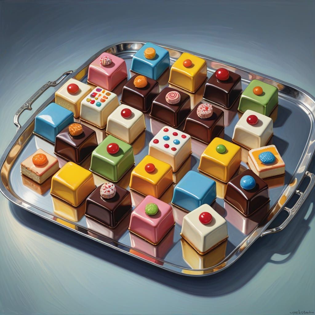 Wayne Thiebaud painting of a tray of square petit fours on a silver tray  by @odd-duck