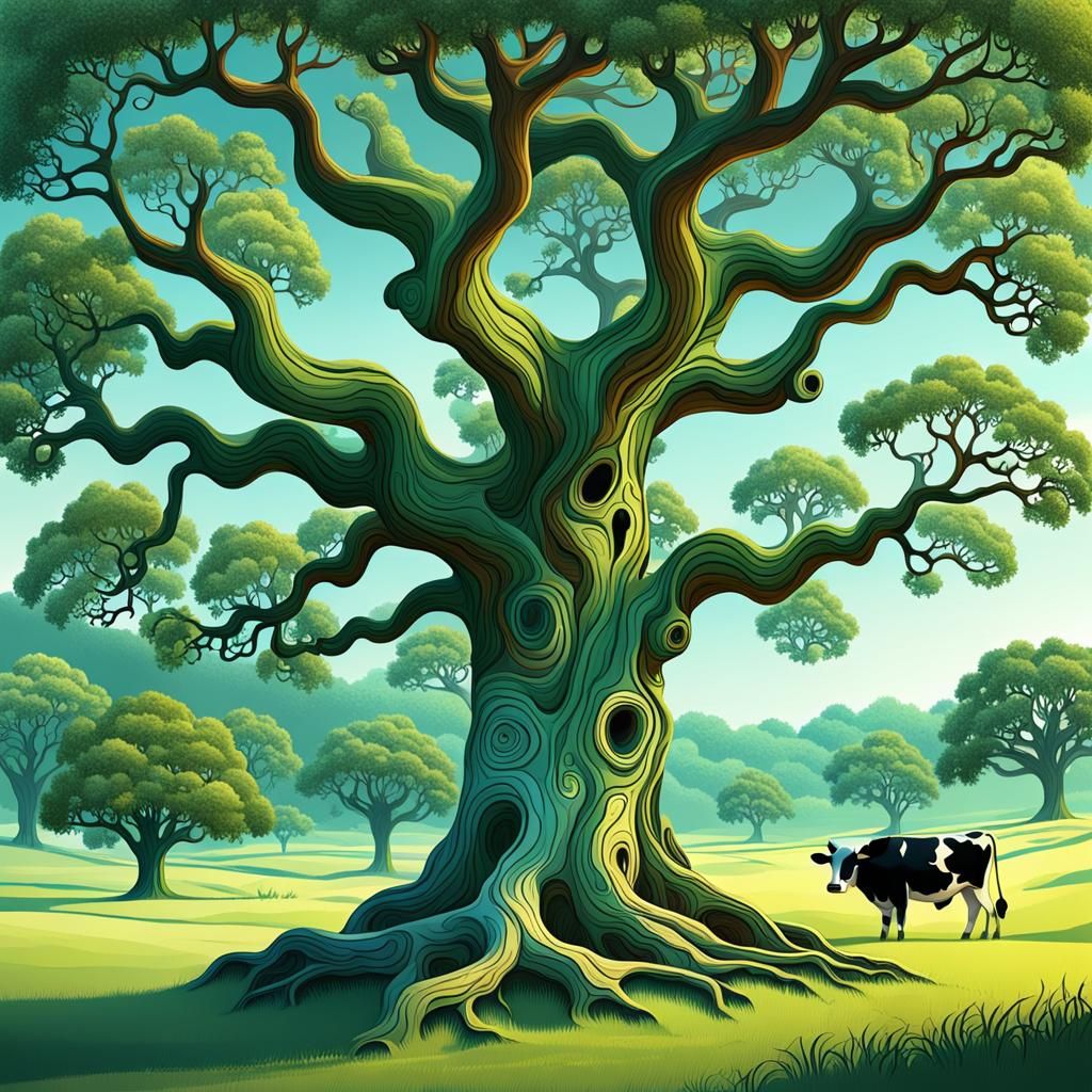 An old gnarled oak tree stands guard in a cow pasture, whims...