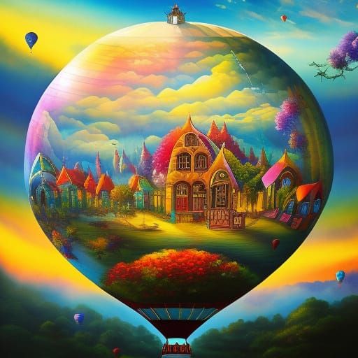 a fantasy town inside of a hot air balloon