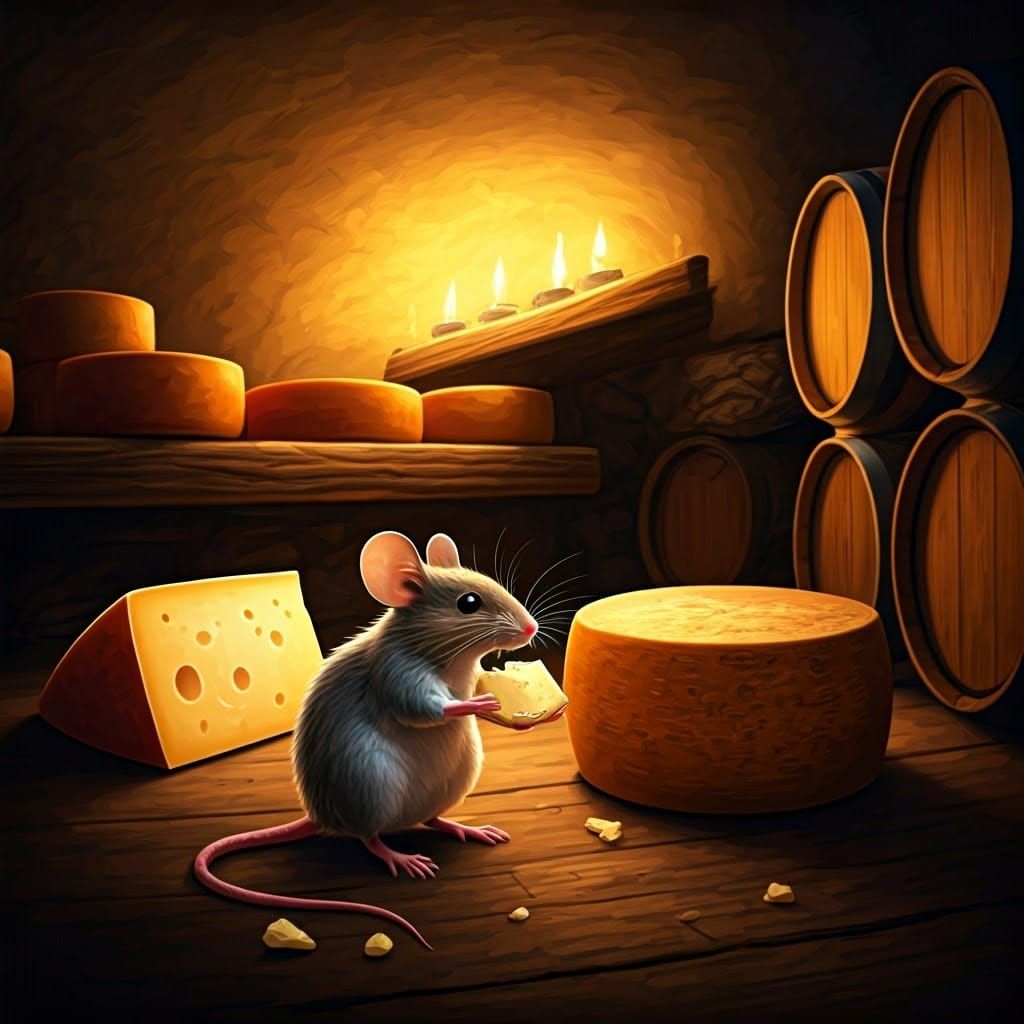 Mouse in Cheese Cellar, Storybook Illustration