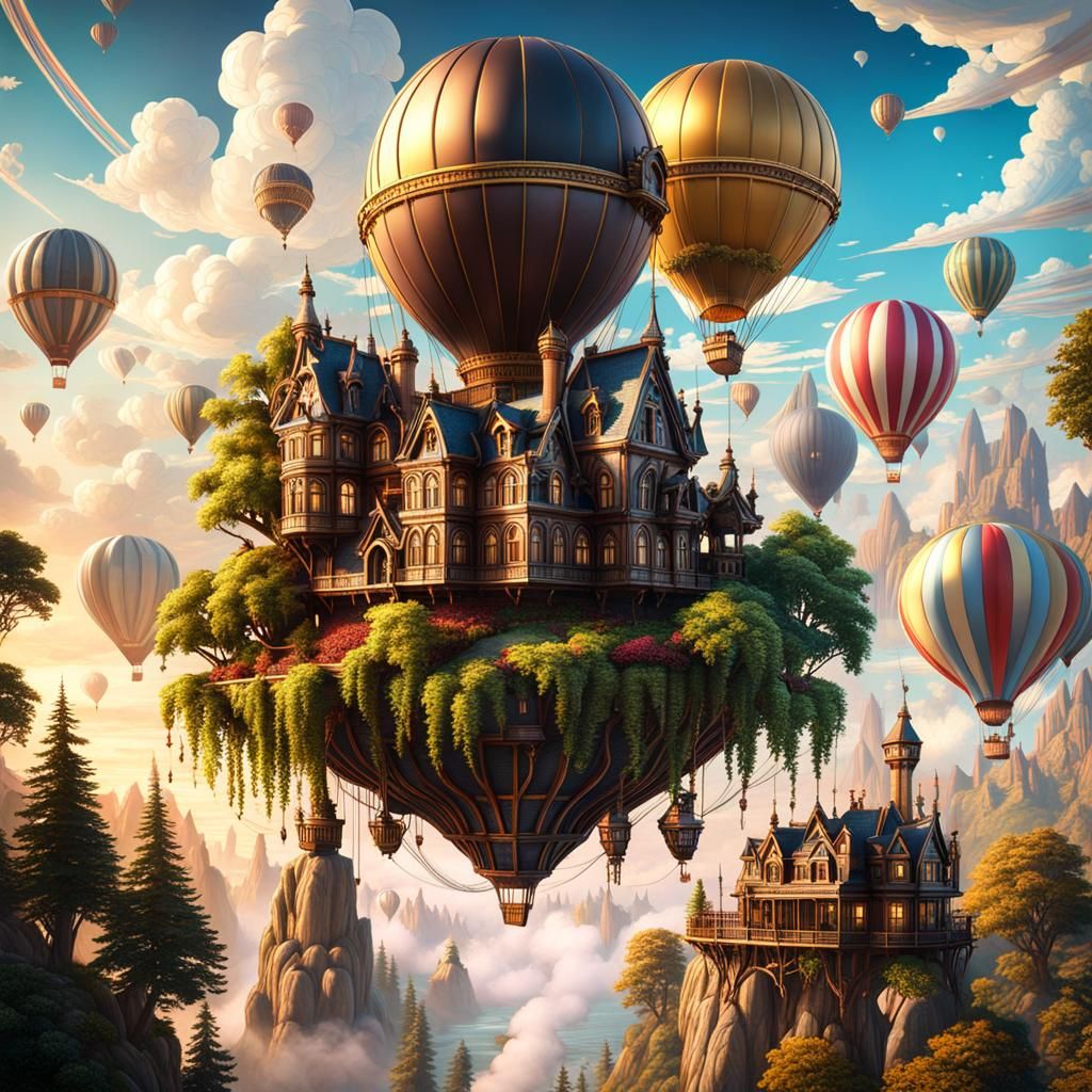A majestic steampunk floating island, complete with a Victorian mansion and vibrant hot air balloons.  by @Phantazia