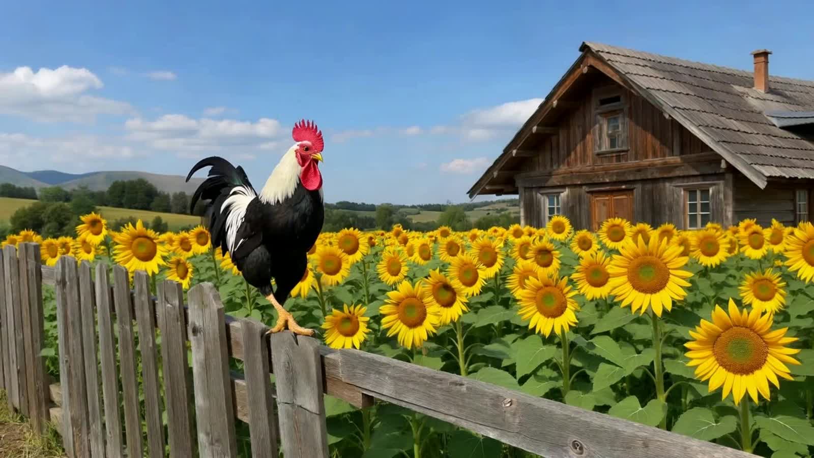 A rural scene of a country barn surrounded by sunflowers waving in the wind in the distance and a long wooden fence in t...