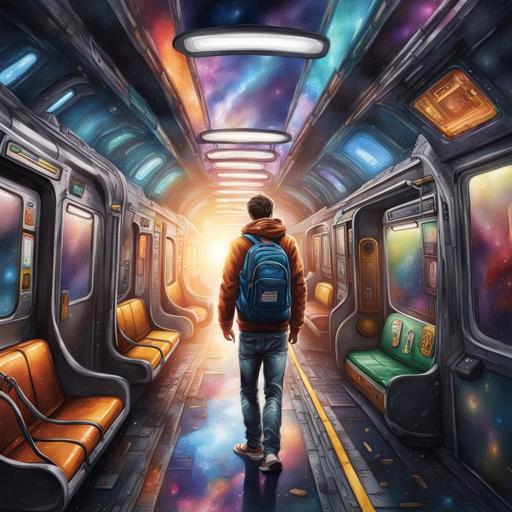 student getting on an eternity shaped subway in space Hyperr...