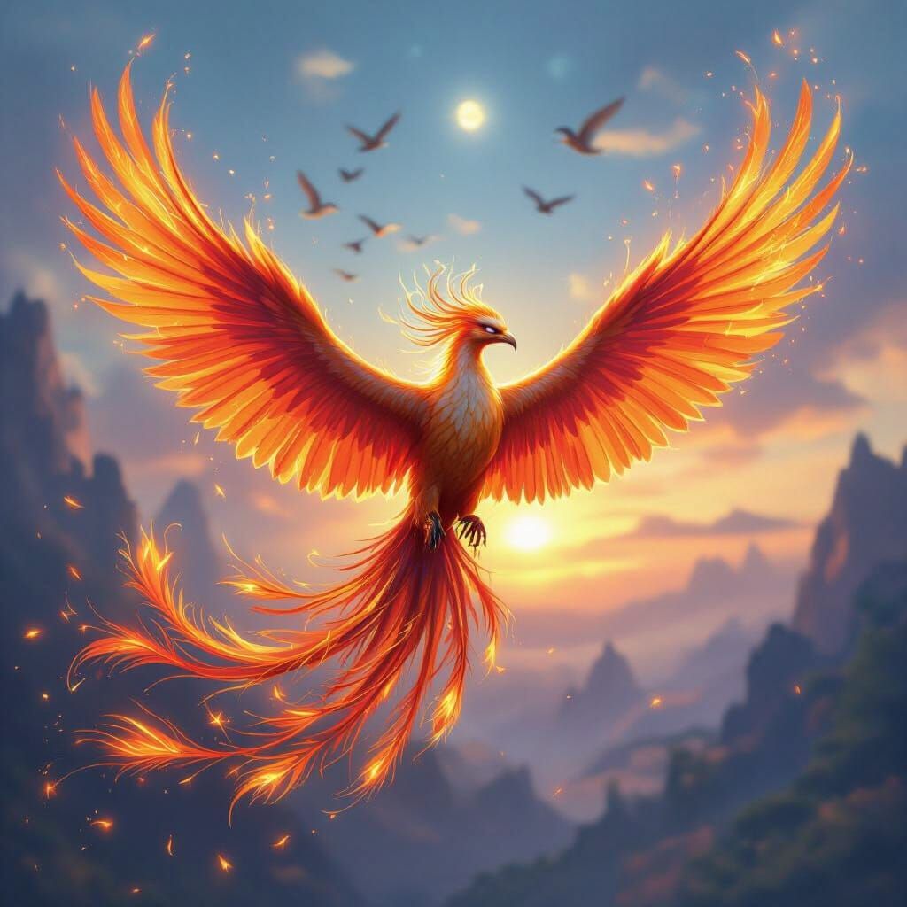 Phoenix in flight among fellow birds