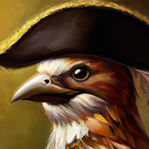 A historic oil portrait of a sparrow wearing a pirate hat.