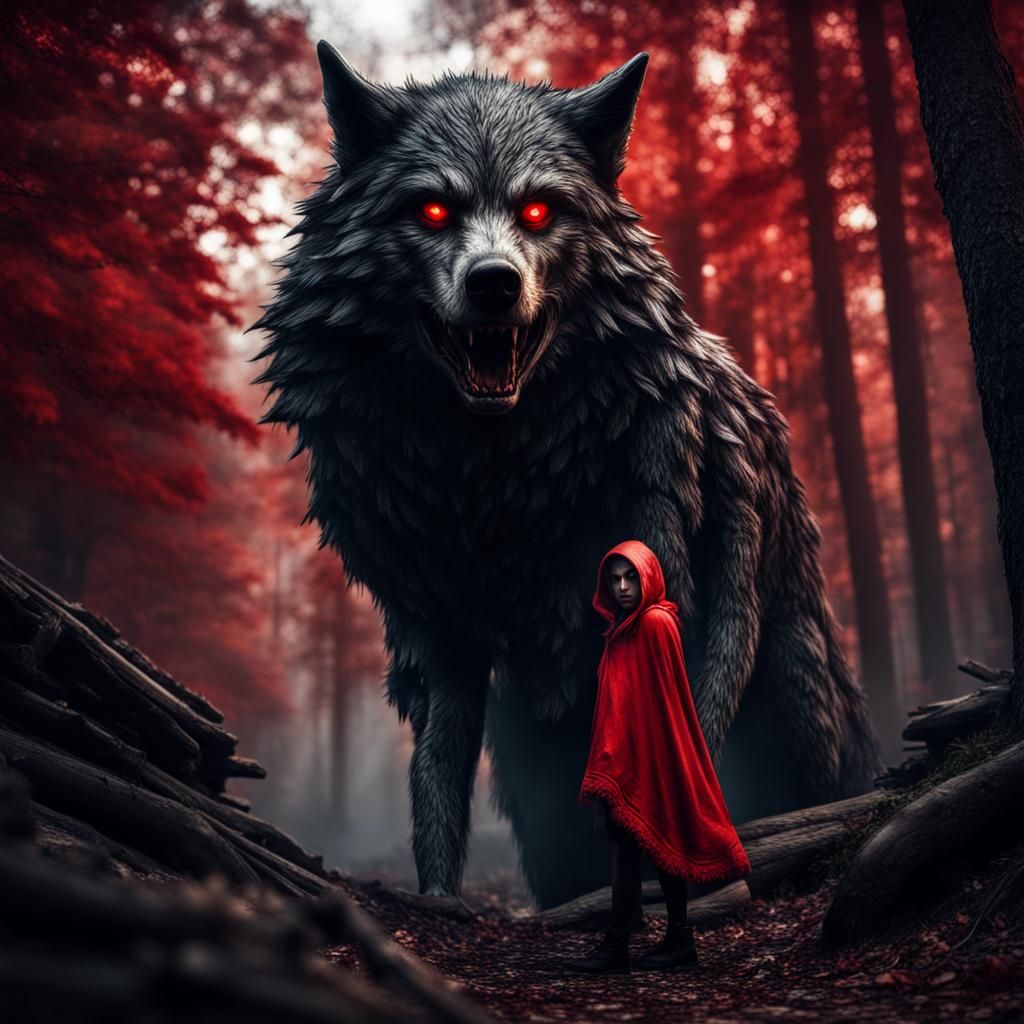 Big Bad Wolf With Red Riding Hood Horror Style Version - Ai Generated 