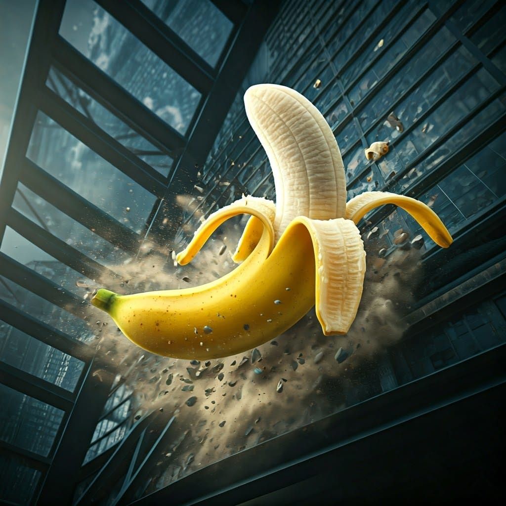 Giant Banana Destroys Skyscraper in Dystopian Surrealism
