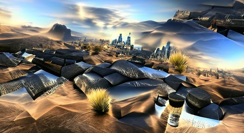Obsidian city in a desert