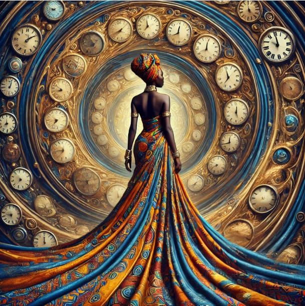 The entire image is set in a surreal, time-warping scene, wi...