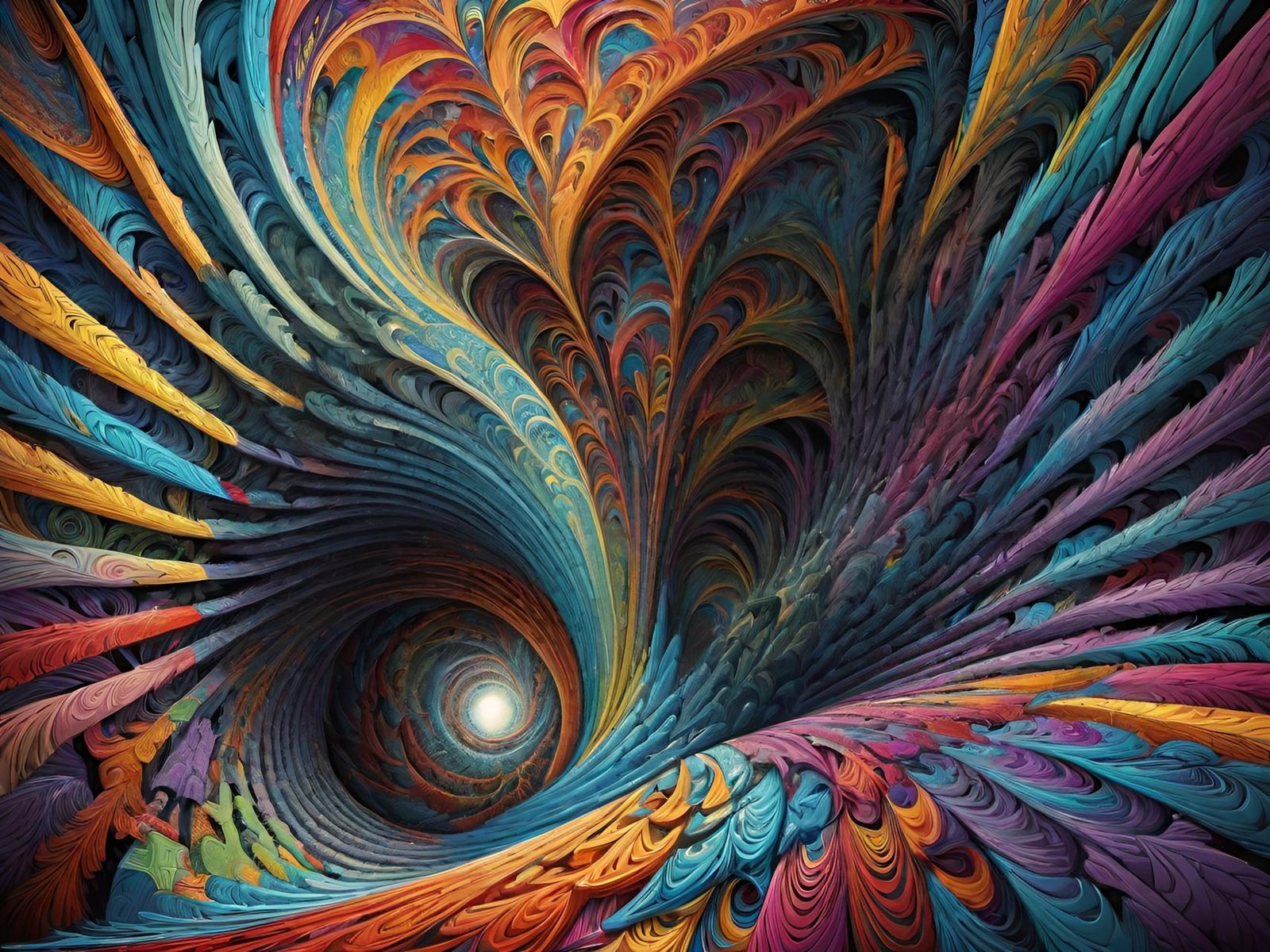 Abstract fractal design, swirling patterns of layered, textured shapes.  Intricate, complex forms, resembling feathers, ...