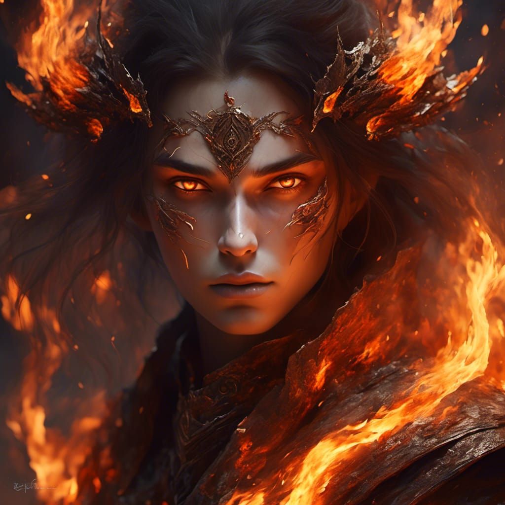 portrait of a fire mage eyes that is conjuring fire. eyes that shimmer ...