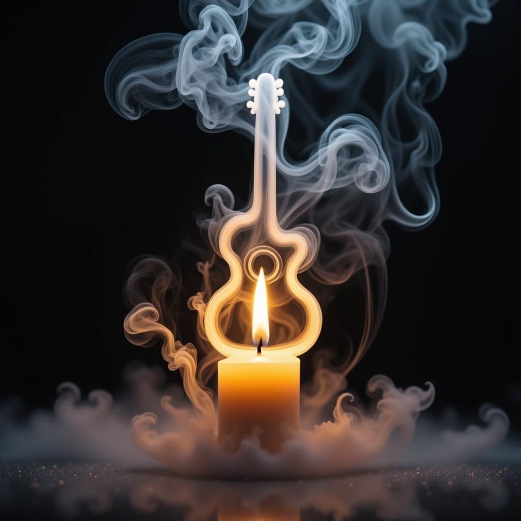 "the smoke above a candle takes on the shape of a smokey sheer wispy guitar<lora:Smokey FX:1.0>