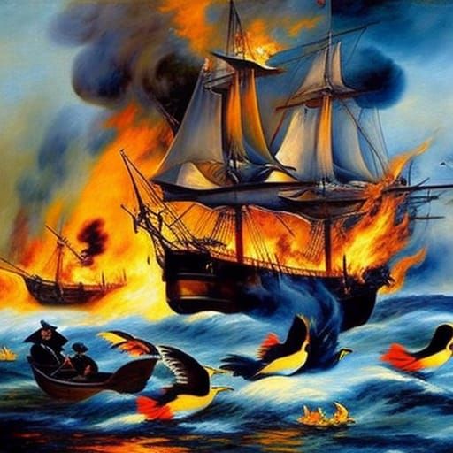 a sinking, burning pirate ship, large flames, black smoke: p...
