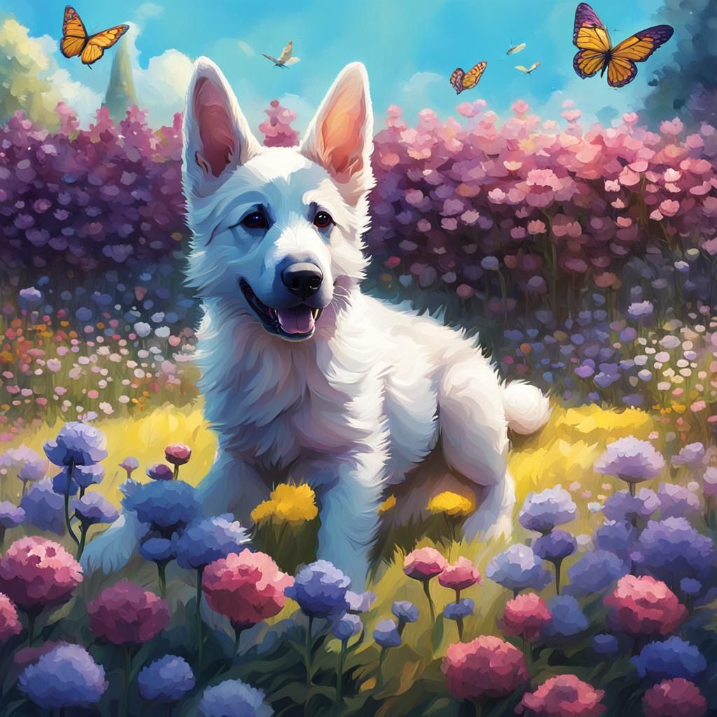 White German shepherd puppy in a garden of flowers with a bu...
