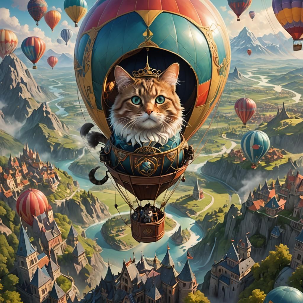 cat piloting a hot air balloon