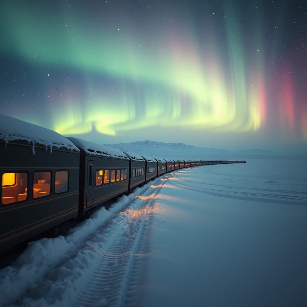 Majestic Train Journey Through Aurora-Lit Tundra