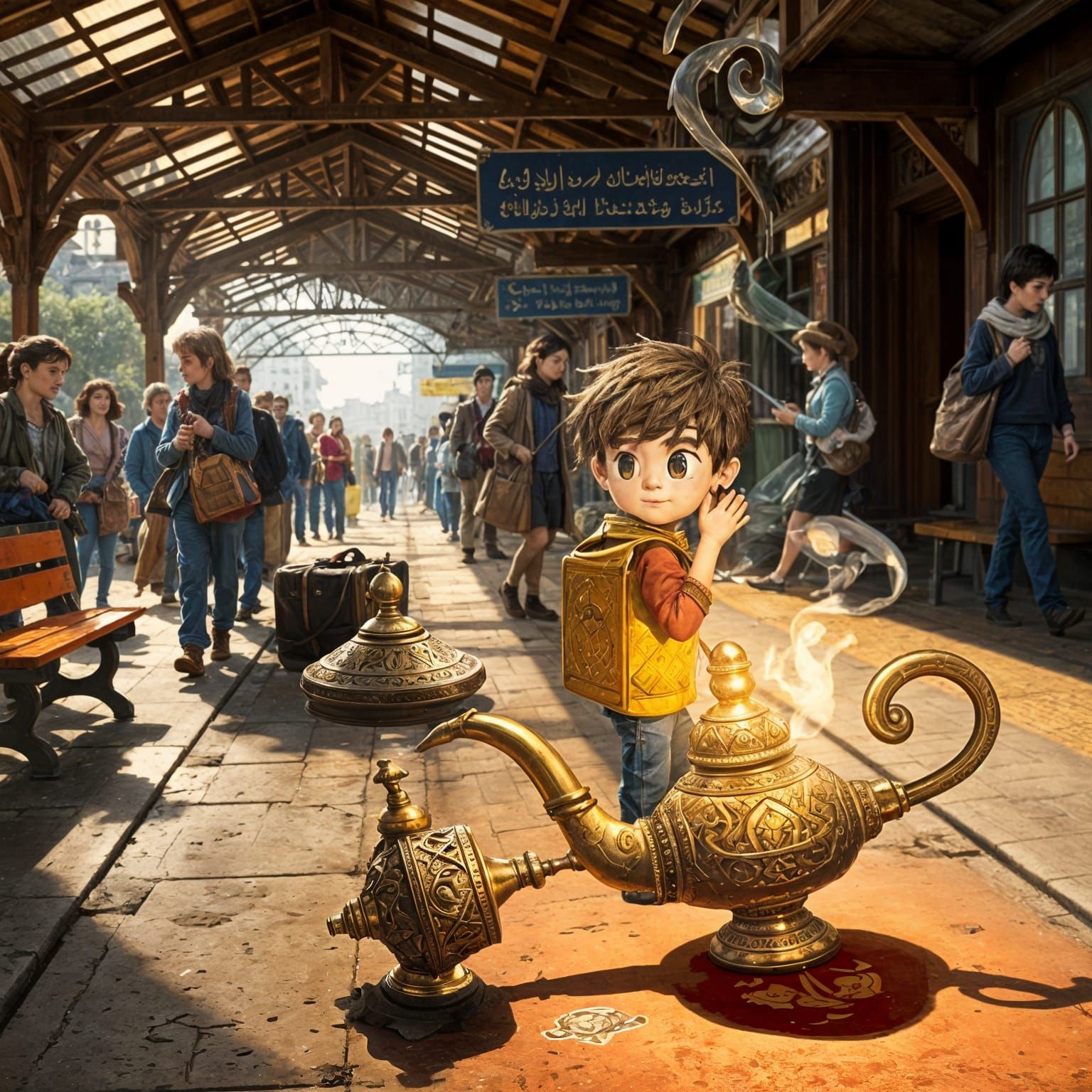 A vintage, intricately designed genie's lamp, adorned with Middle Eastern patterns and gemstones, lies abandoned on a bright and sunny, colo...