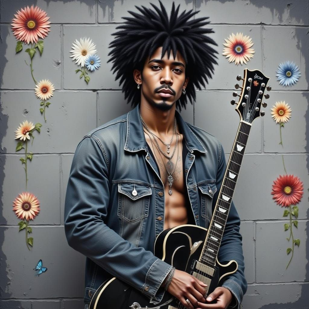 <lora:Man Intensity:1.0> <lora:Scruffy Intensity:1.0> Arabic grunge guitarist in gray denim, rocker, Arabic young man, poster style, gray br...