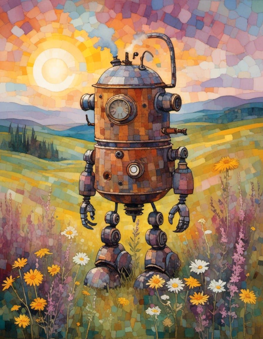 <lora:The Magic Loch:1.0> A steampunk robot kettle steaming from the spout in a field of daisies and Heather. The Sun shines through the clo...