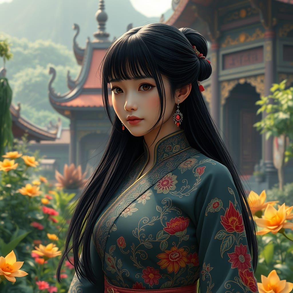 Korean Girl in Thai Dress at Buddhist Temple