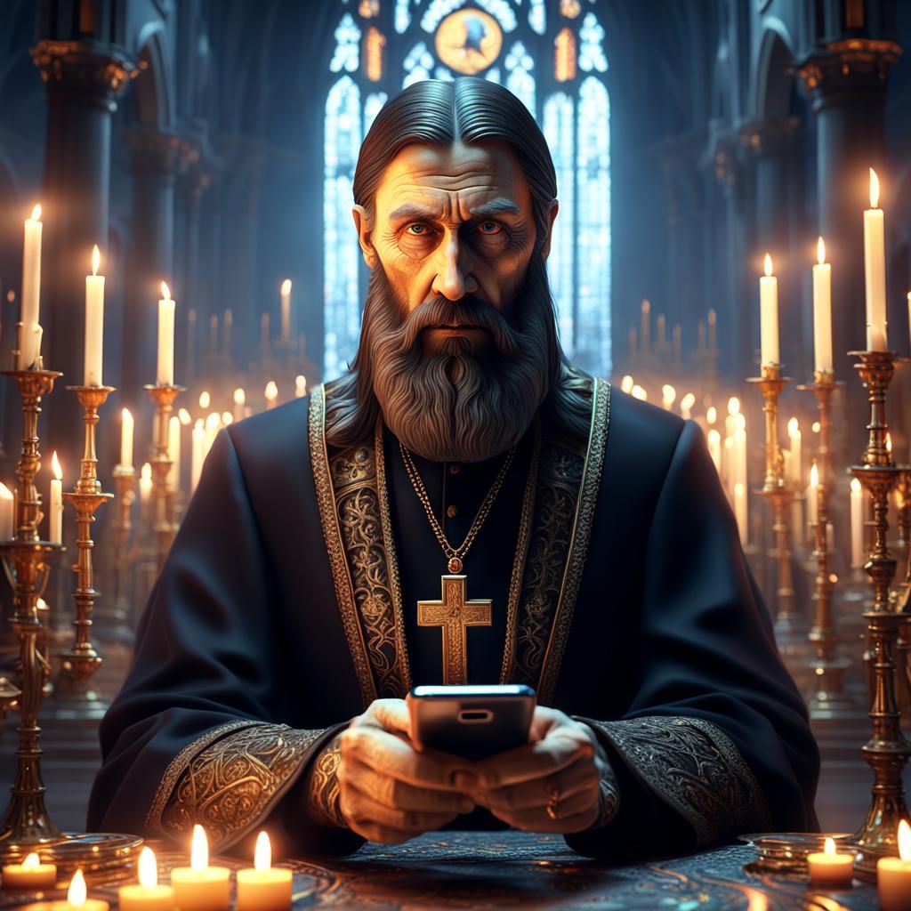 "Photographic portrait of Rasputin using a modern smartphone, 8k resolution intricate church and candles, ground level shot, 8K resolution,...